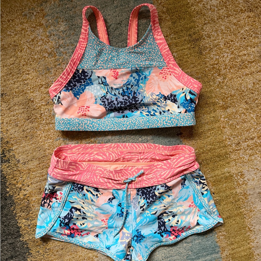 Floral Print Two-Piece Athleta Girl Kids Swimsuit in Coral & Blue - Size L / 12